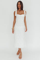 Cupid Tied Shoulder Embellished Midi Dress White