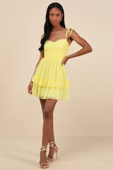 Angelic Approach Yellow Chiffon Ruffled Tie-Strap Mini Dress