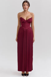 berry pleated satin maxi dress