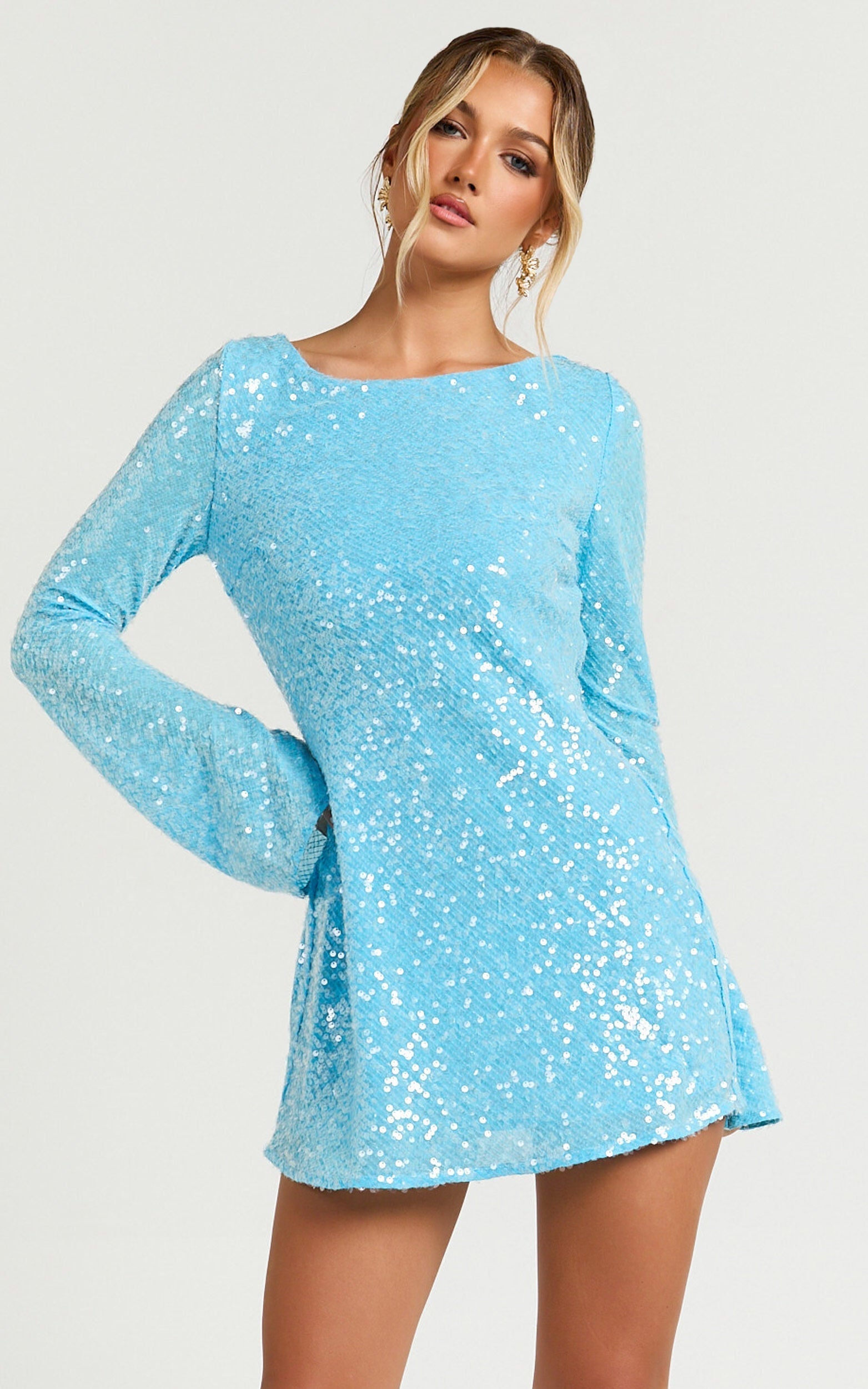 Bertina Mini Dress - Sequin Scoop Neck Low Back Dress in Blue