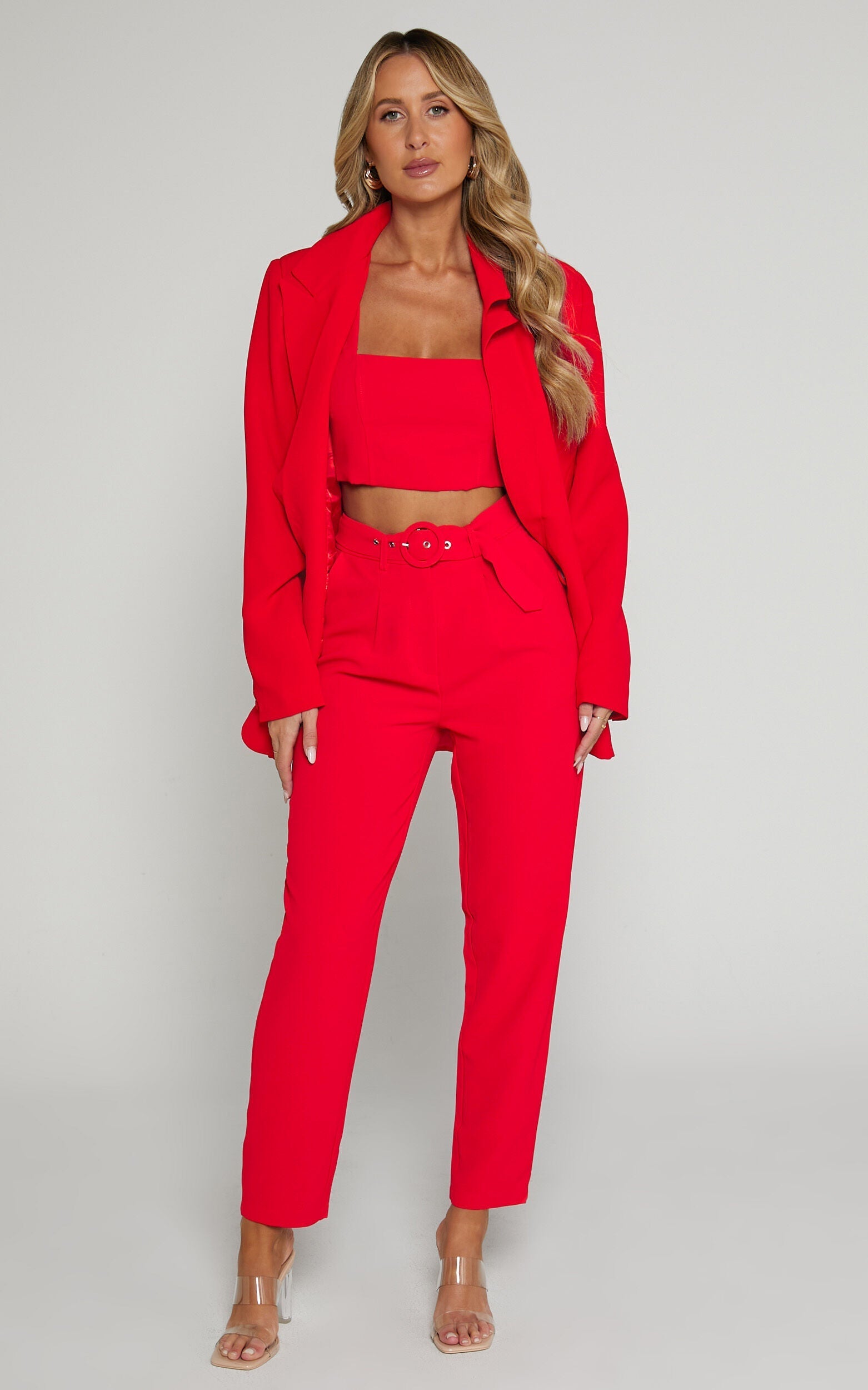 Reyna Two Piece Set - Crop Top and Tailored Pants Set in Red