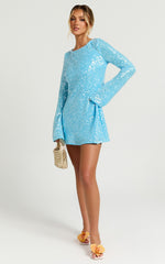 Bertina Mini Dress - Sequin Scoop Neck Low Back Dress in Blue