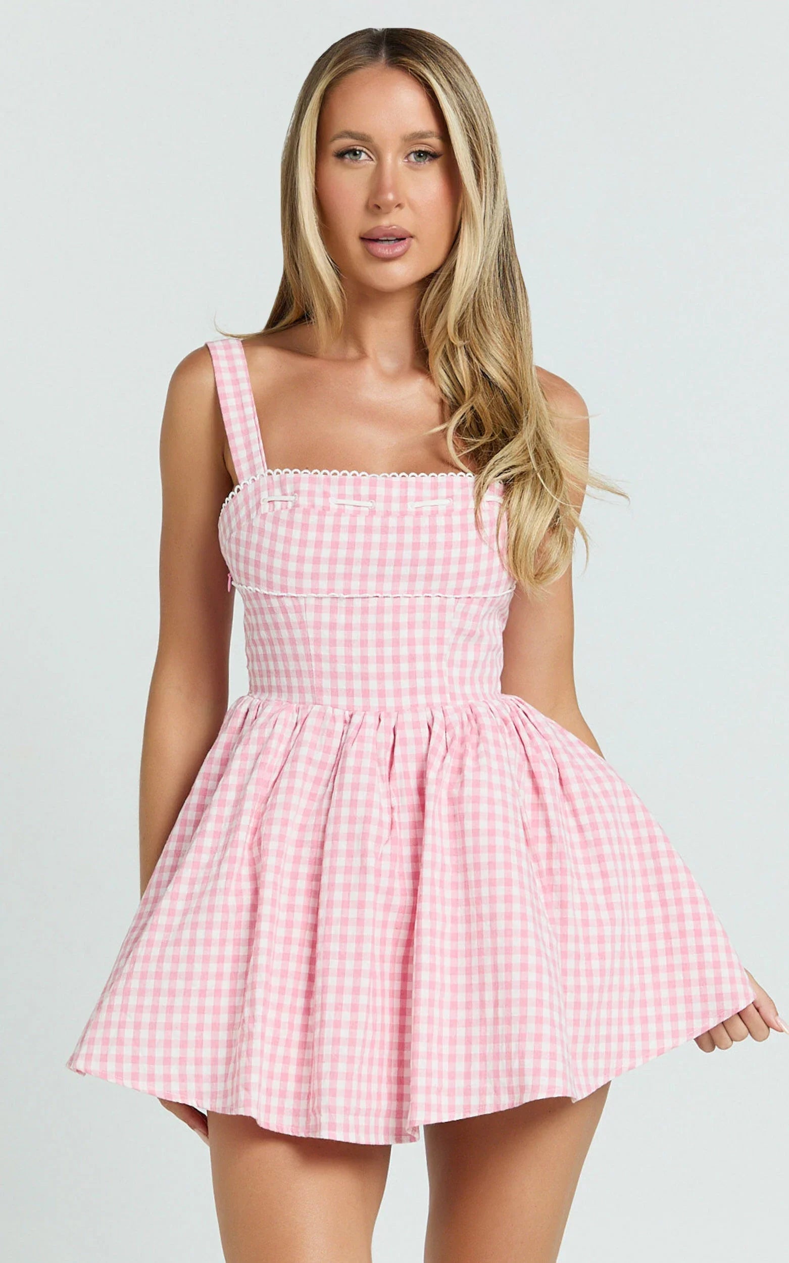 Caitlin Mini Dress - Gingham Square Neck Fit And Flare Dress in Pink