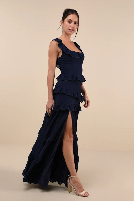 Compelling Romantic Dark Blue Ruffled Tiered Maxi Dress