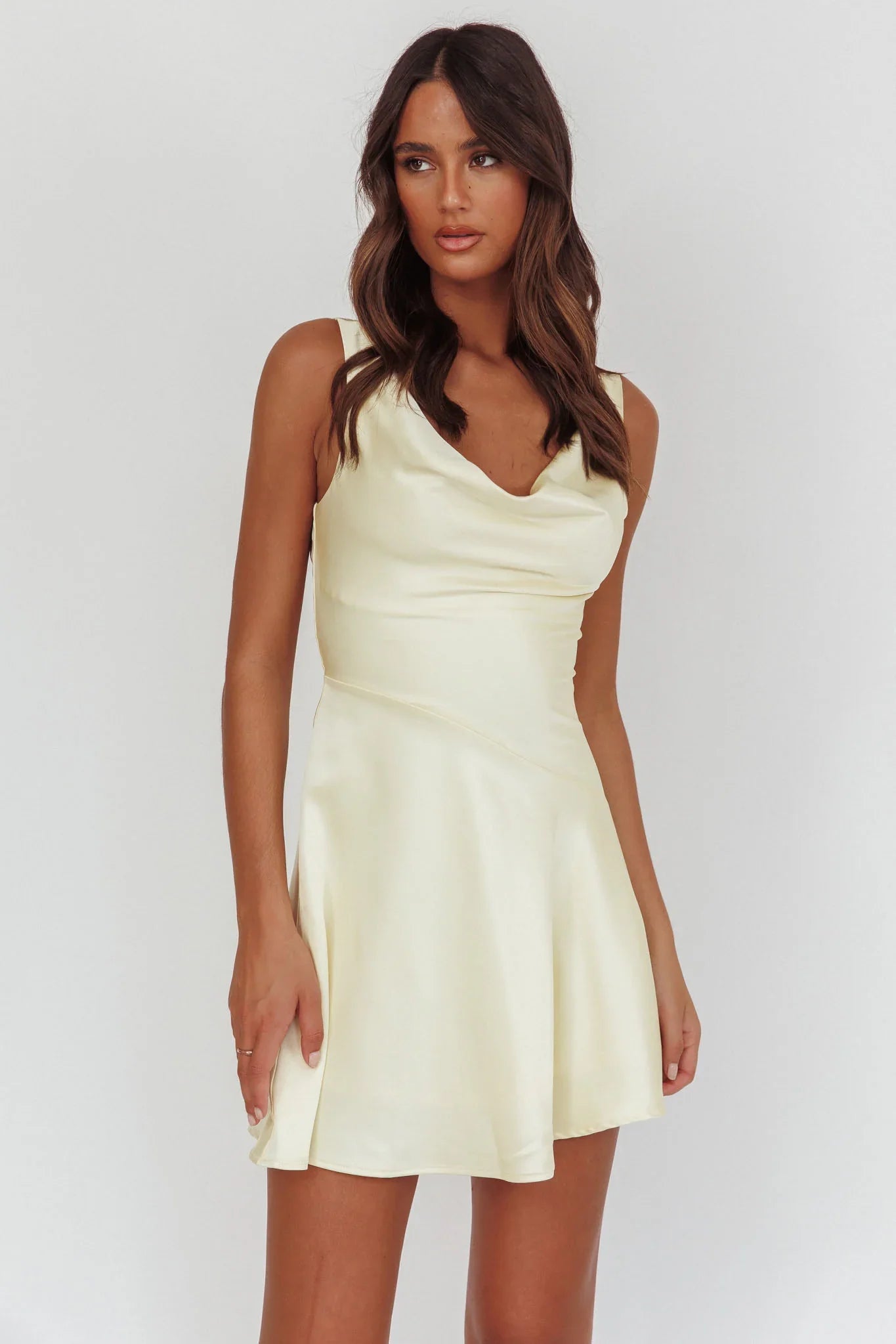 Brigid Cowl Neck Scoop Back Mini Dress Butter