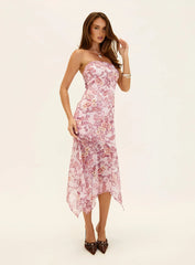 Coralis Strapless Asymmetrical Midi Dress Pink Paisley