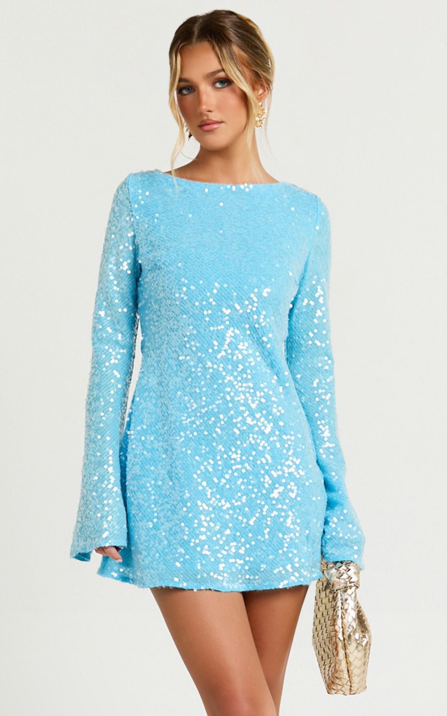 Bertina Mini Dress - Sequin Scoop Neck Low Back Dress in Blue