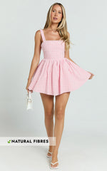 Caitlin Mini Dress - Gingham Square Neck Fit And Flare Dress in Pink