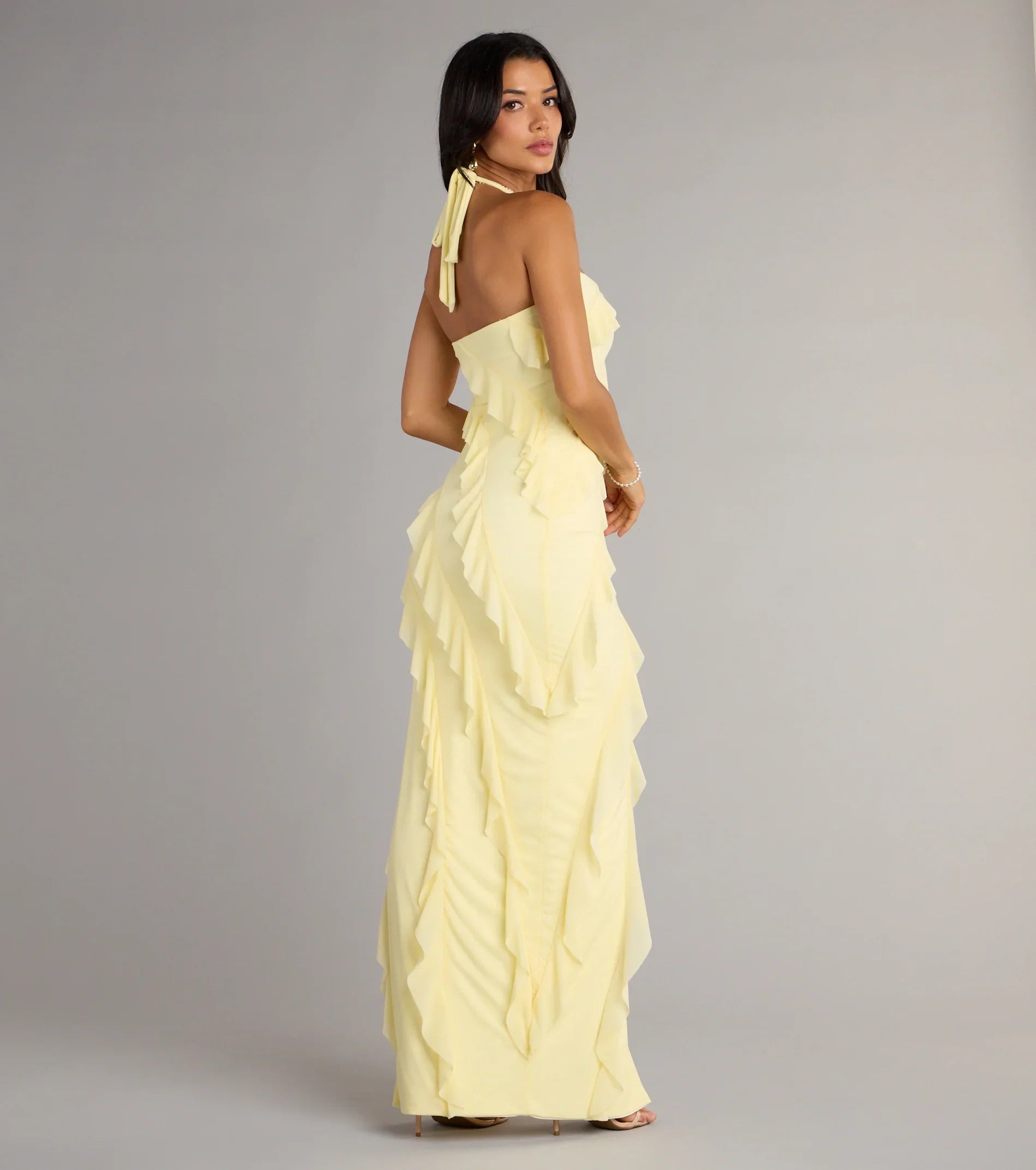 Blake Mesh Halter Slit Ruffle Formal Dress