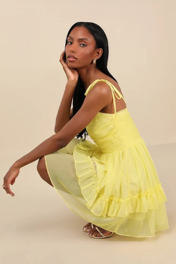 Angelic Approach Yellow Chiffon Ruffled Tie-Strap Mini Dress